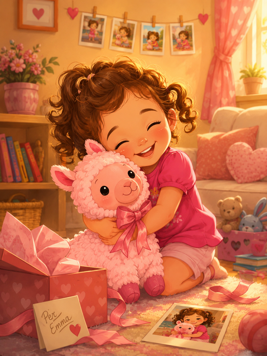 Emma bambina abbraccia Alpaca Rosa nel giorno in cui riceve il peluche